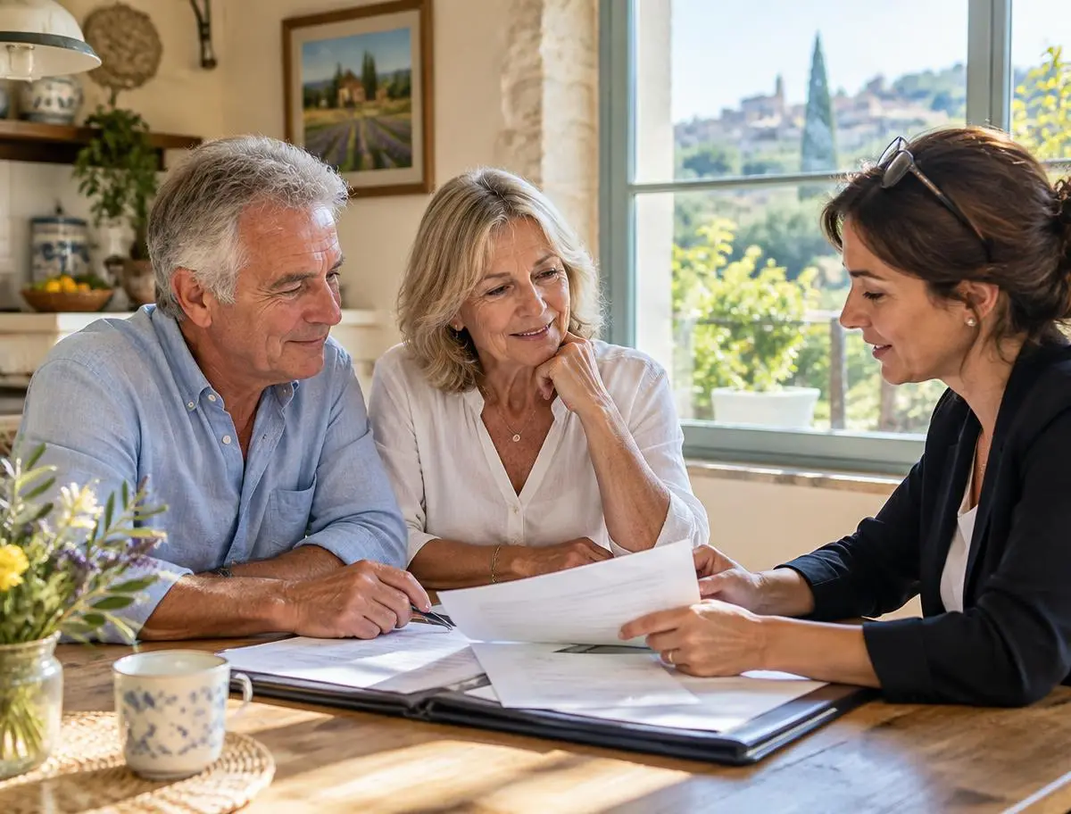 Couple d'une soixantaine d'années, souriant, consultant des documents avec leur conseillère